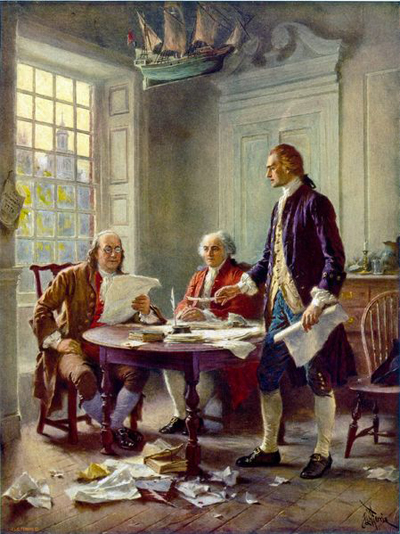 A painting by Jean Leon Gerome Ferris of the drafting of the Declaration of Independence featuring Thomas Jefferson (right), Benjamin Franklin (left), and John Adams (center). The painting is currently located at the Virginia Historical Society here in Richmond.