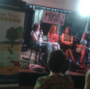 The panel of authors at the James River Writers Show. (Left to right) Julie Geen, me, Deb Dudley, and Meg Medina.